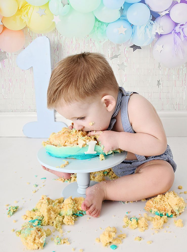 Baby Boy Cake Smash Portrait Eating Cake